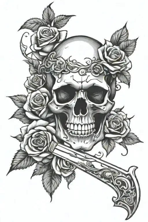 roses surrounding knife with a scull decorated