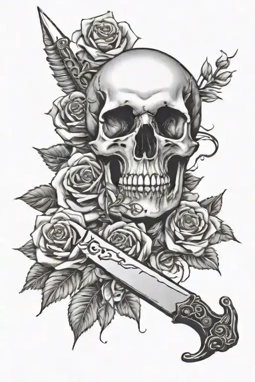 roses surrounding knife with a scull decorated - Variation 2