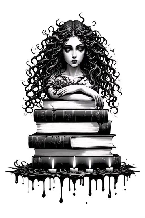 medusa wrapping around to stack of dark romance books with wax dripping candles - Variation 3