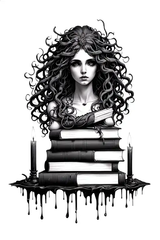 medusa wrapping around to stack of dark romance books with wax dripping candles - Variation 4