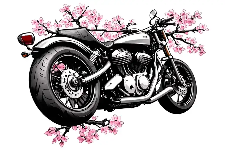 motorcycle v twin engine surrounded cherry blossoms  - Variation 2