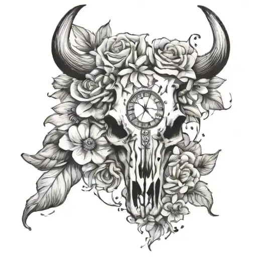 Bull skull with May flowers and a clock - Variation 2