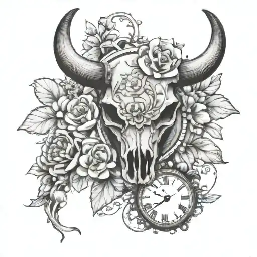 Bull skull with May flowers and a clock - Variation 3