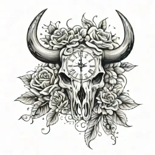 Bull skull with May flowers and a clock - Variation 4