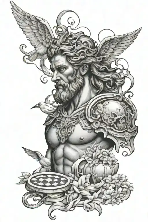 Greek mythology half sleeve containi Zeus with lightening in his eyes, angels, doves, the virtruvian man, king chess pie