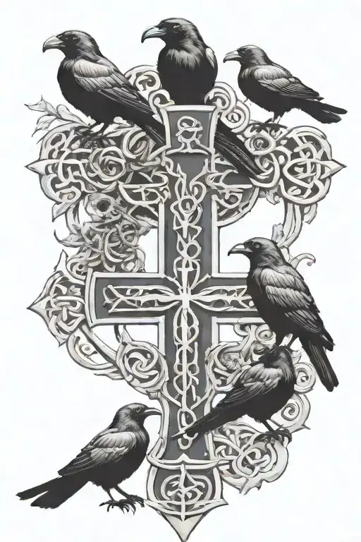 crow family crest with 2 large crows and 4 small crows with celtic cross - Variation 3