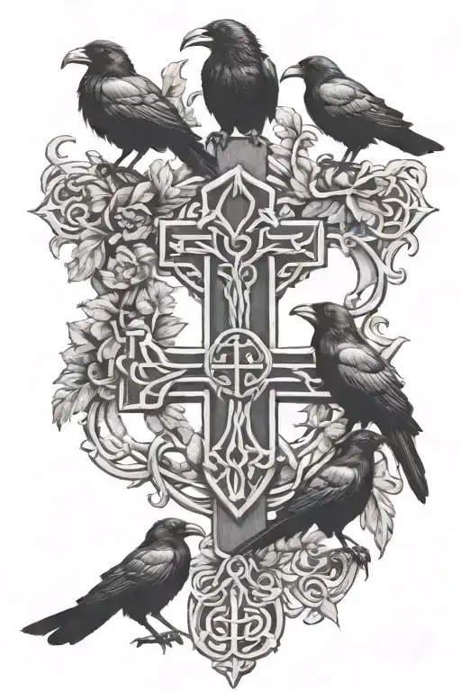 crow family crest with 2 large crows and 4 small crows with celtic cross - Variation 4