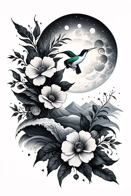 fine line vertical spine tattoo with flowers, hummingbird, moon phases, the sun, waves, mountains