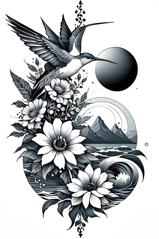 fine line vertical spine tattoo with flowers, hummingbird, moon phases, the sun, waves, mountains  - Variation 2