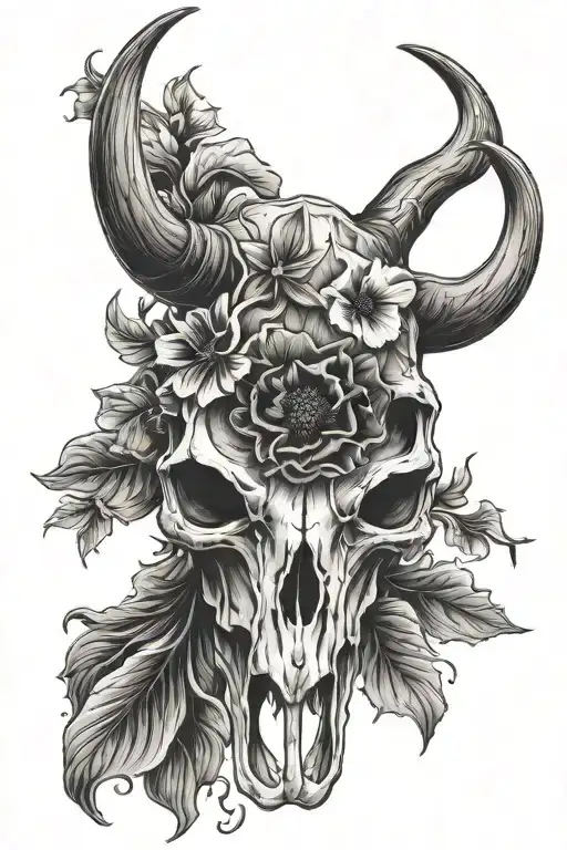 Bull skull dark concept with poppy flower