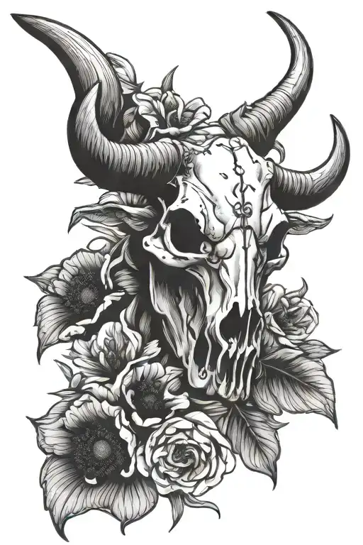 Bull skull dark concept with poppy flower - Variation 2