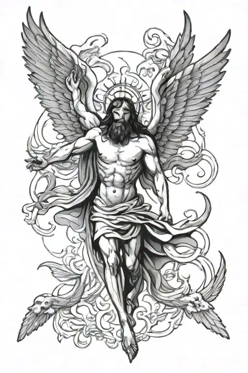 Jesus Christ and angels and demon wings