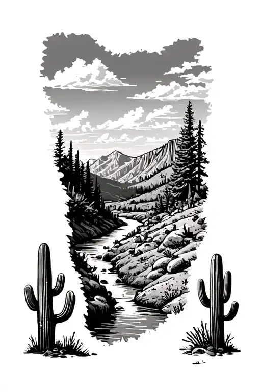 Colorado river running from the Colorado mountainous forests down the the Arizona desert landscape with cacti - Variation 1