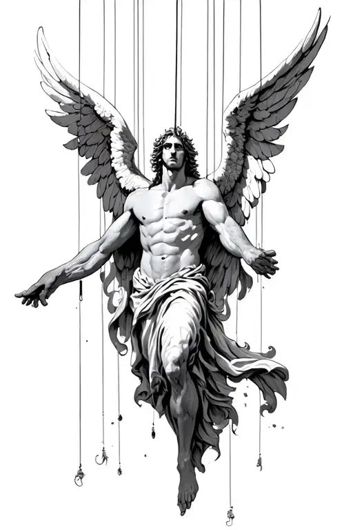lucifer as an angel connected to puppet strings falling from the heavens