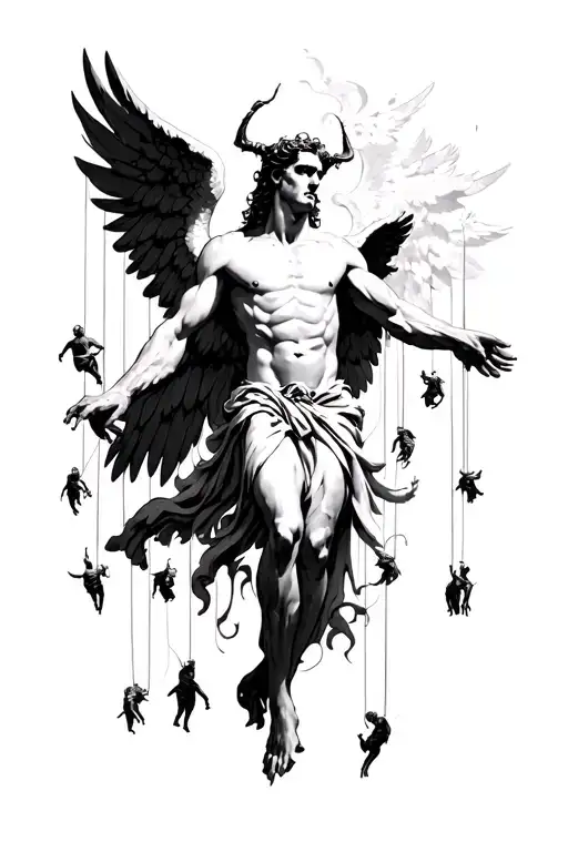 lucifer as an angel connected to puppet strings falling from the heavens - Variation 2