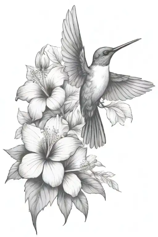 hummingbird with hibiscus and leaves - Variation 3