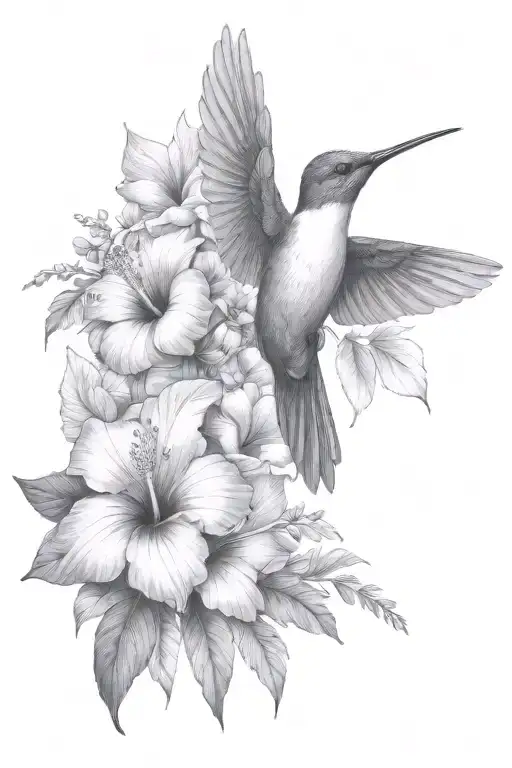 hummingbird with hibiscus and leaves - Variation 4