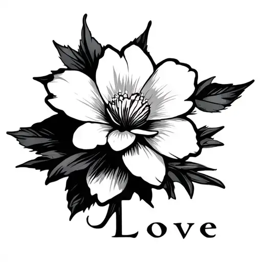 Sakura flower with the word Love underlined with shadows on the flower itself and some shadows from the flower