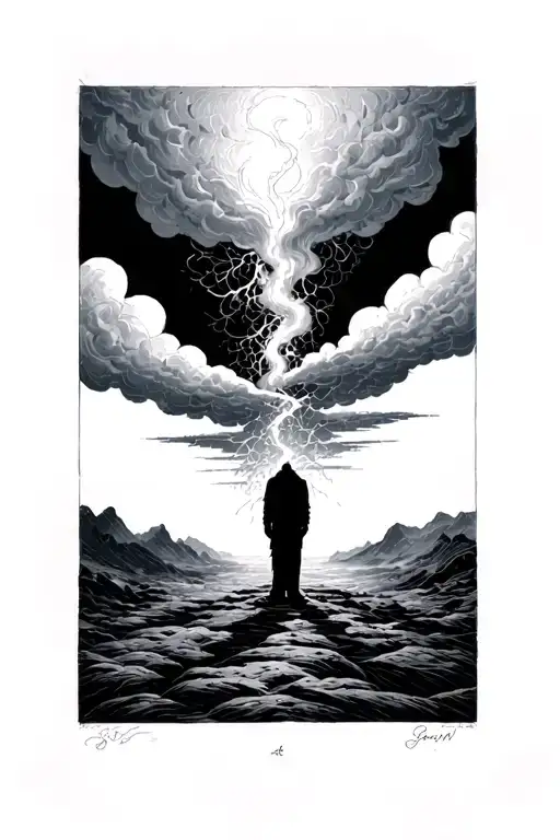 3. A Storm Cloud Above a Faceless Figure (Anxiety & Internal Struggles)	•	A shadowy, faceless figure stands beneath a s