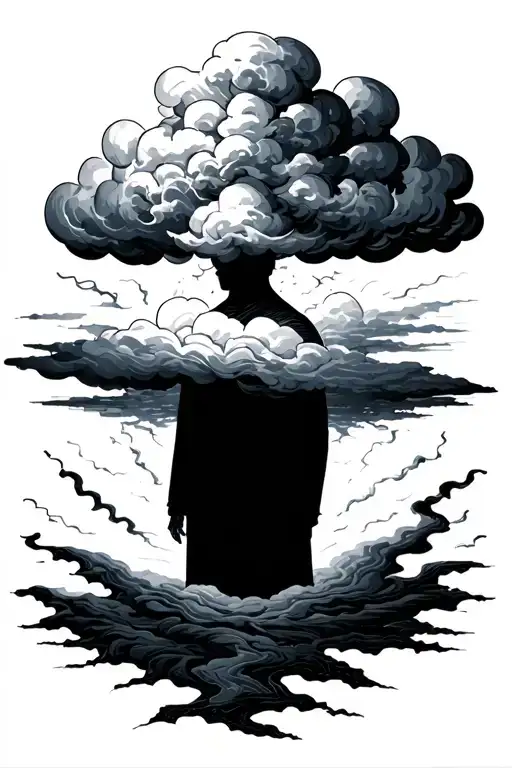 3. A Storm Cloud Above a Faceless Figure (Anxiety & Internal Struggles)	•	A shadowy, faceless figure stands beneath a s - Variation 2