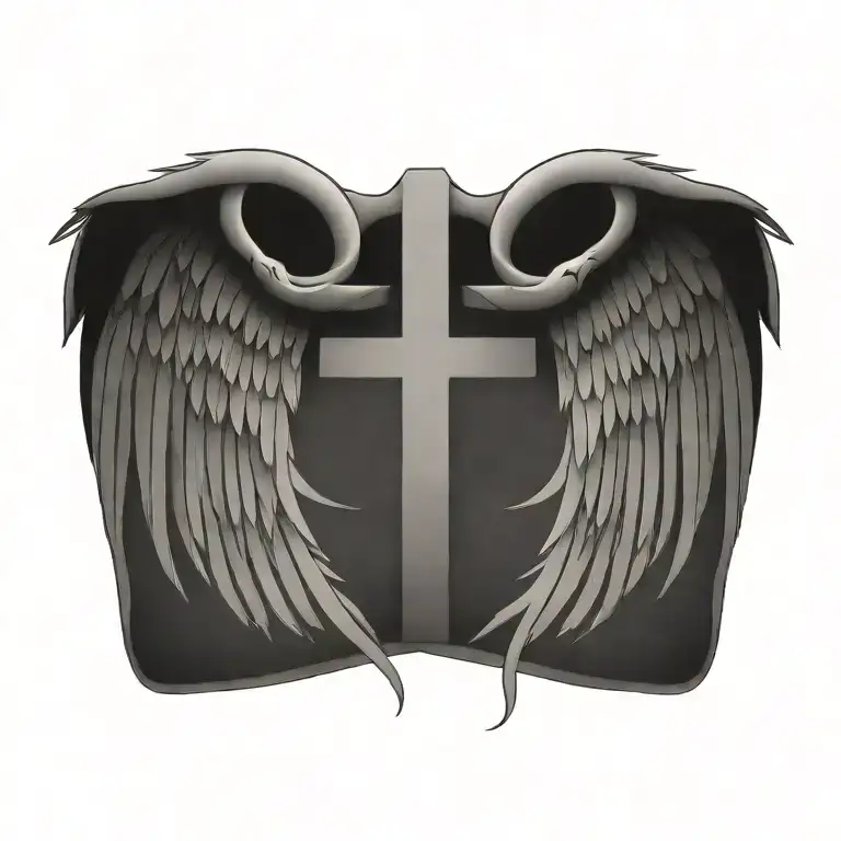 A tattoo design featuring a cross and angel wings intertwined, symbolizing the eternal struggle between good and evil - Variation 2