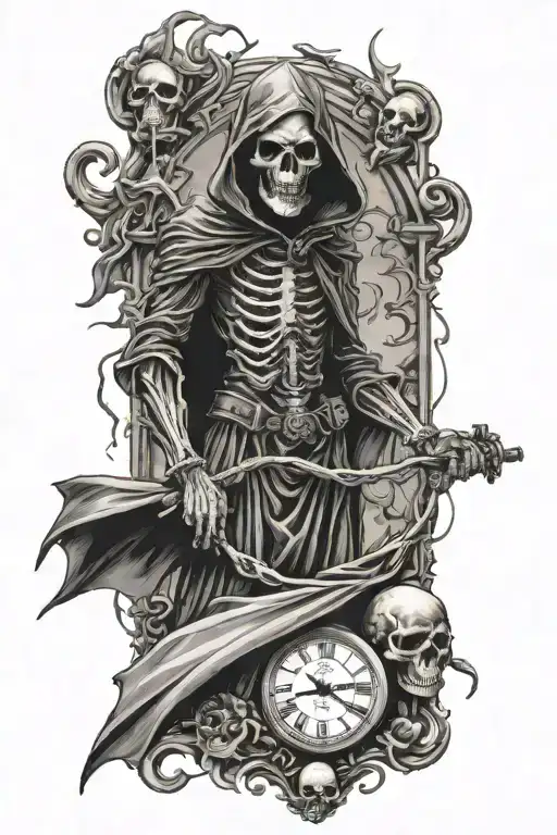 full tattoo sleeve grim reaper at the top, angry demon underneath, a broken clock and three skulls