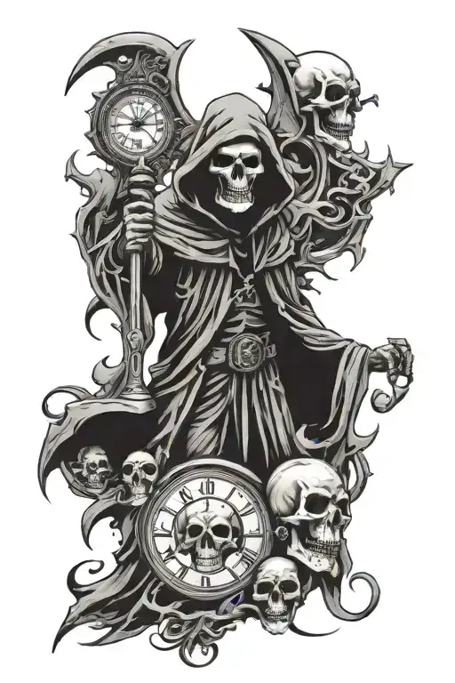 full tattoo sleeve grim reaper at the top, angry demon underneath, a broken clock and three skulls - Variation 2