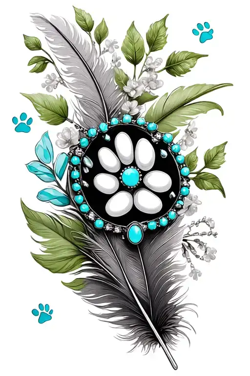 feathers, american flag, green leaves, one brooch turquoise jewelry, flowers, paw prints