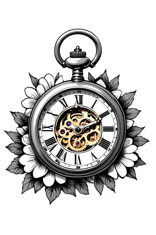 pocket watch with gears inside the middle with flowers around it with no top