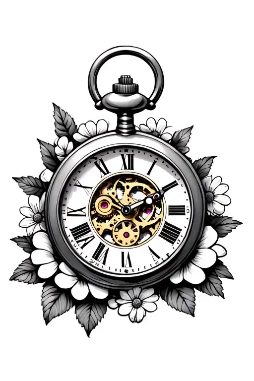 pocket watch with gears inside the middle with flowers around it with no top - Variation 2