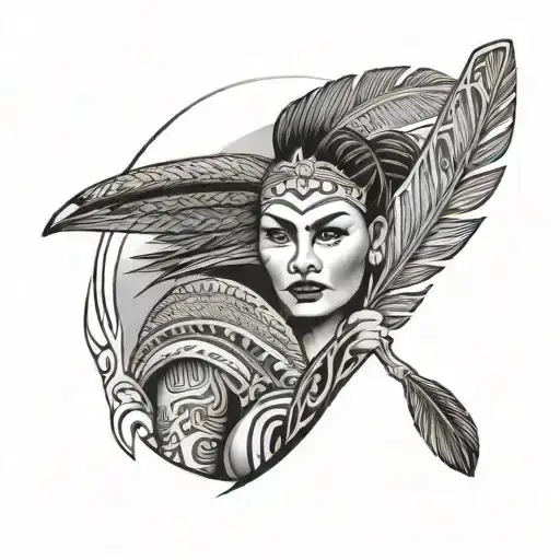 front facing maori woman using a Waka paddle, a feather cloak covering her shoulder. in the background tribal oval frame