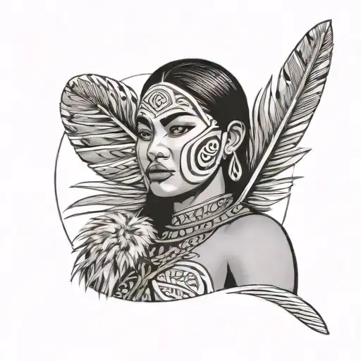 front facing maori woman using a Waka paddle, a feather cloak covering her shoulder. in the background tribal oval frame - Variation 2