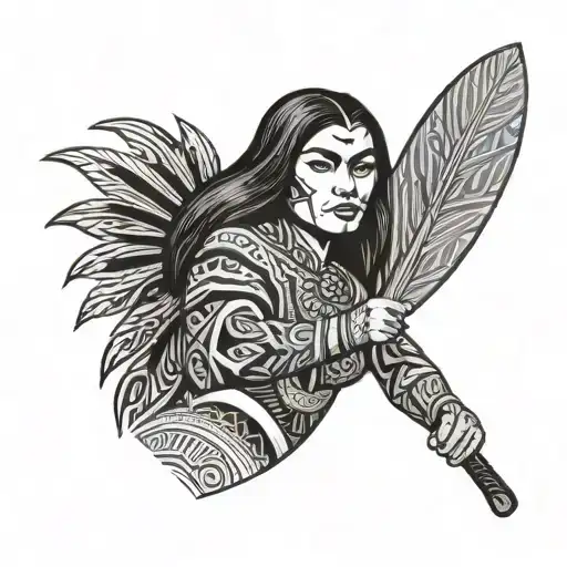 front facing maori woman using a Waka paddle, a feather cloak covering her shoulder. in the background tribal oval frame - Variation 3