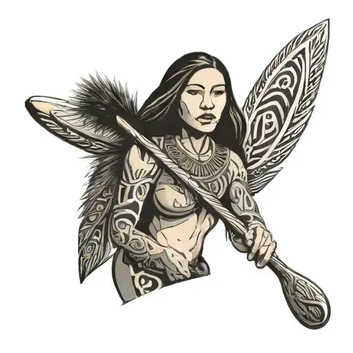 front facing maori woman using a Waka paddle, a feather cloak covering her shoulder. in the background tribal oval frame - Variation 4