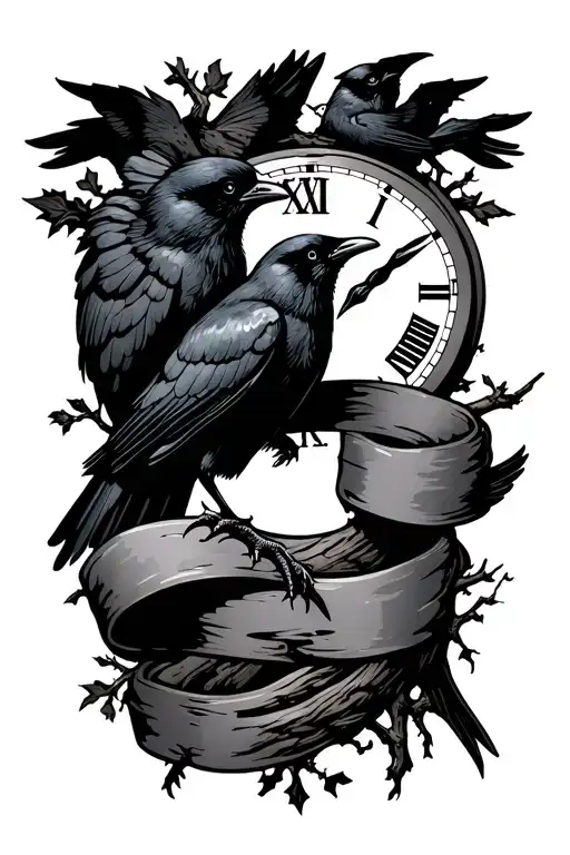 night sky, crows, tree branch, time, ribbon
