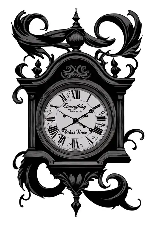 grandfather clock with the words "Everything Takes Times" inside