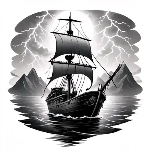 viking longship with mountains in the background and lightning in the sky. a kraken underwater