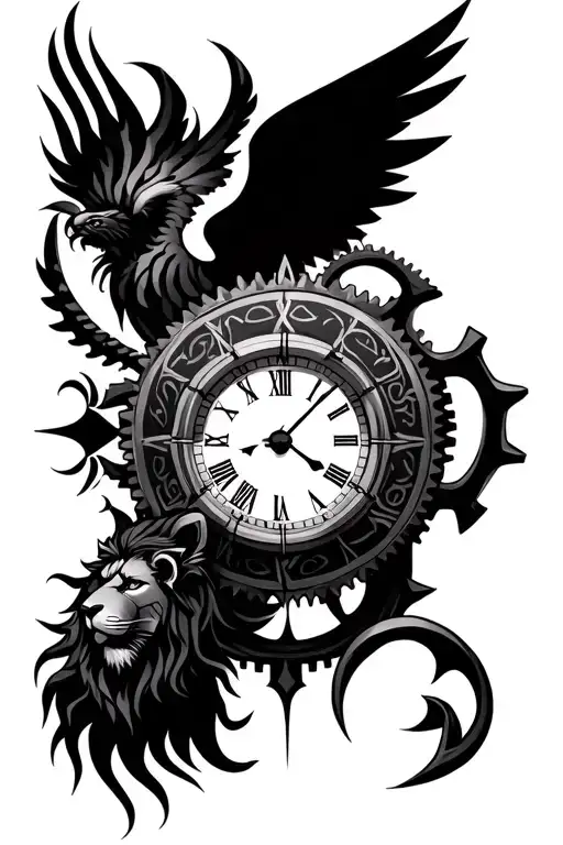 Maori, Gemini sign, Greek clock, celestial angel, warrior, lion, thorn, gear, Gothic - Variation 1