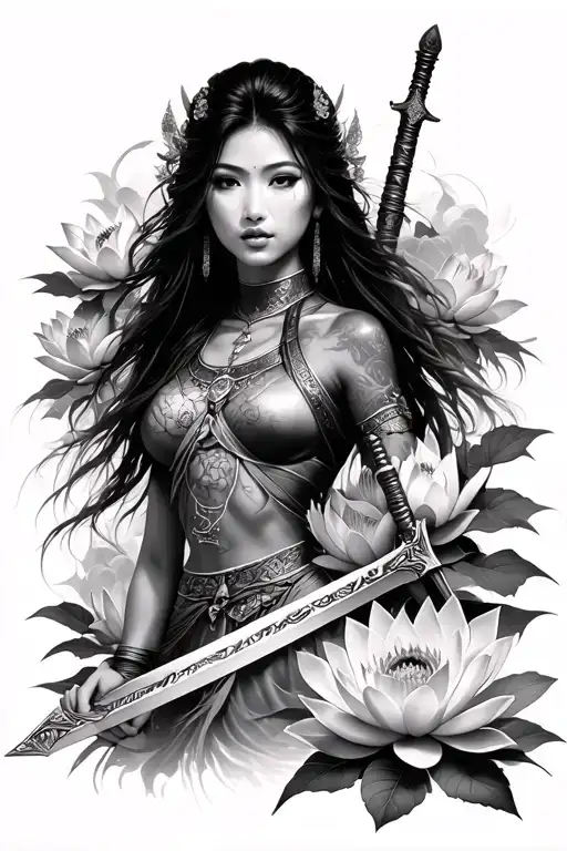 Photo realistic Gabriele Pellerone tattoo of a beautiful Asian woman warrior, with lotus flowers with leaves, a sword - Variation 2