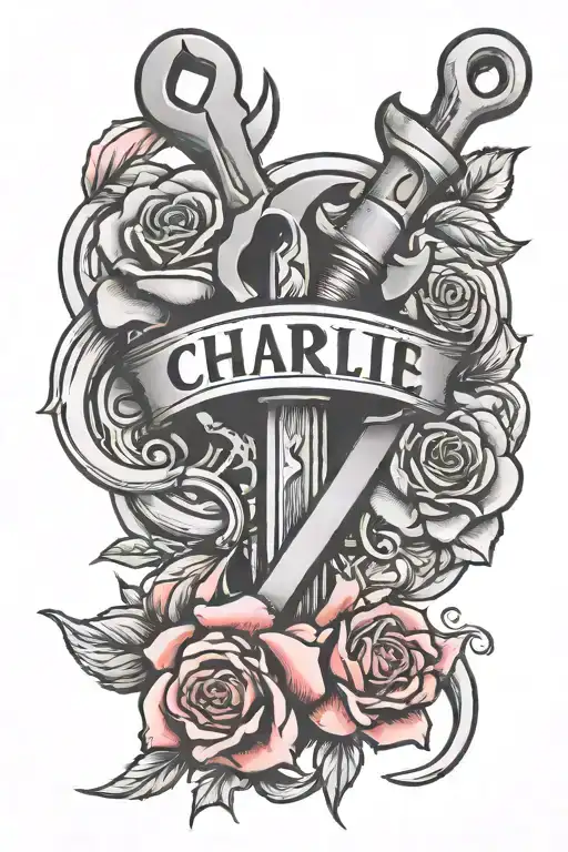 wrench intertwined with red rose with the name Charlie 