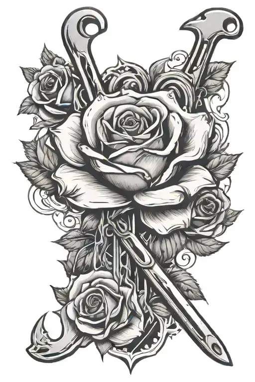 wrench intertwined with red rose with the name Charlie - Variation 2