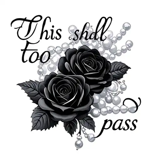words "this too shall pass" with black roses and pearls