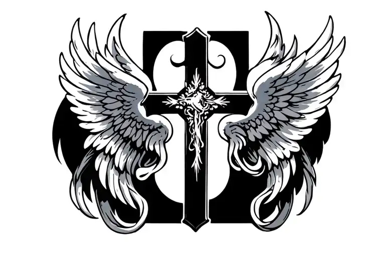 tramp stamp cross with angel winds surrounding it