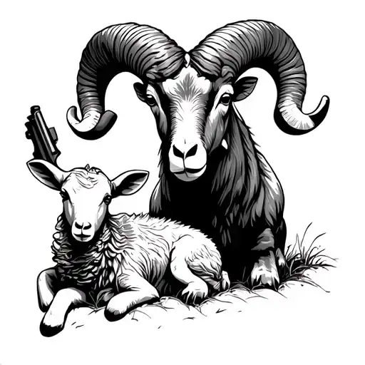 Ram with a gun to its head and a lamb peacefully lying