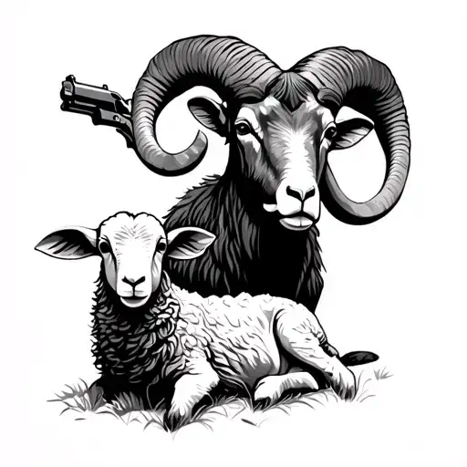 Ram with a gun to its head and a lamb peacefully lying - Variation 2