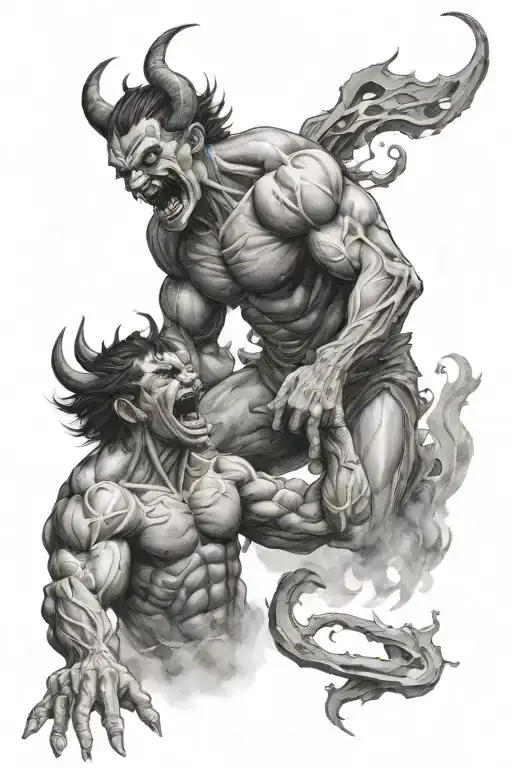 man struggling with demons fighting