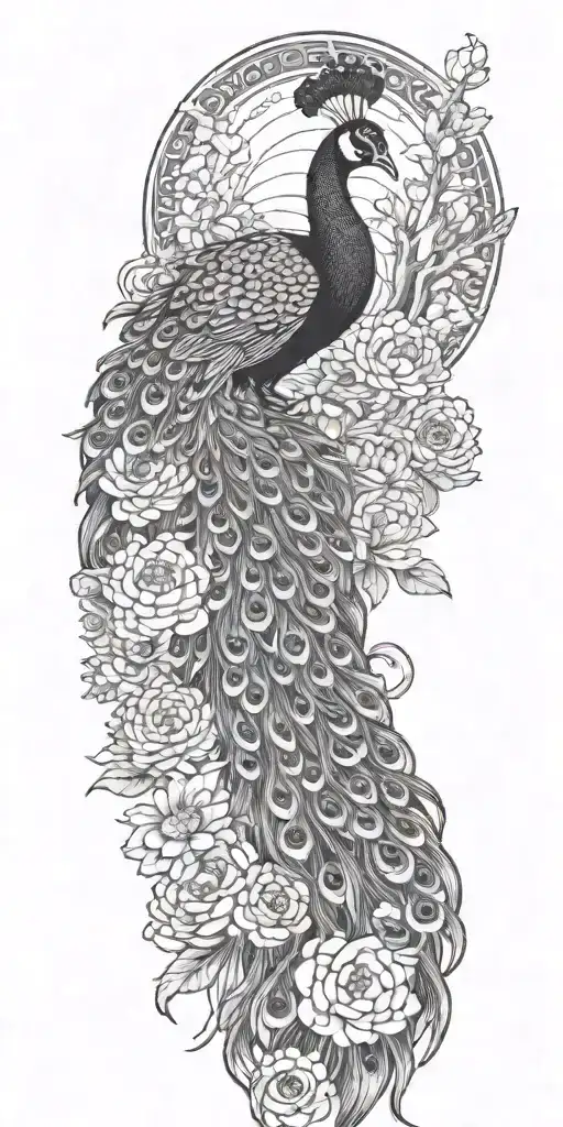 male peacock and chrysanthemum flowers japanese style around the arm line and shade work - Variation 1