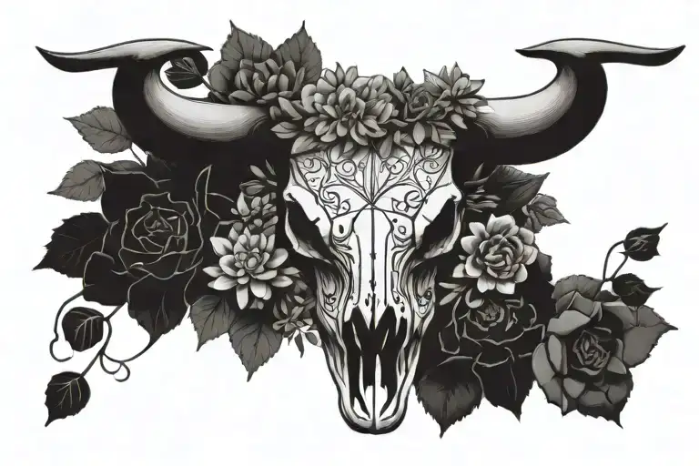 cow skull plants or succulents geometric throat tattoo - Variation 3