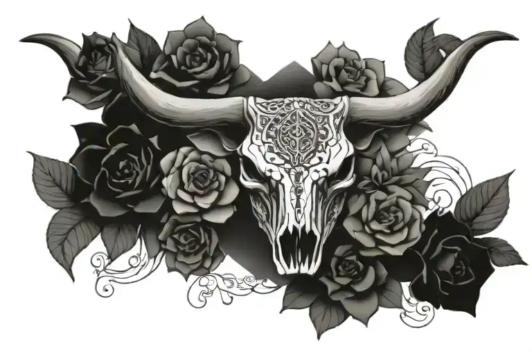 cow skull plants or succulents geometric throat tattoo - Variation 4