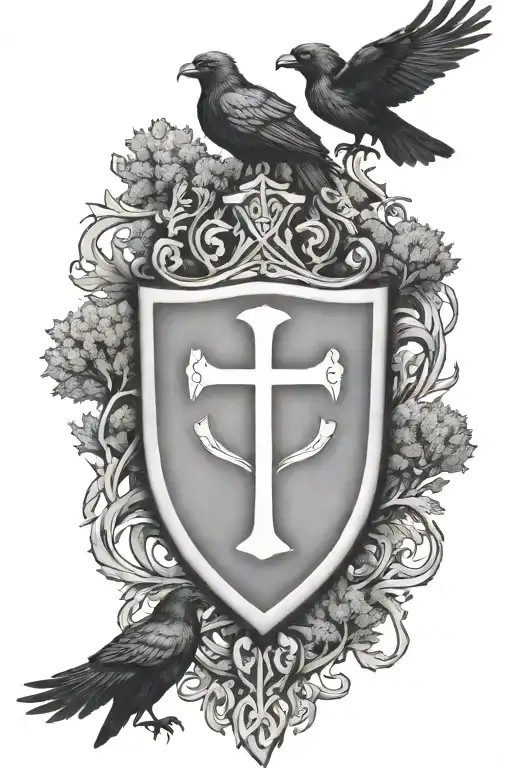 Rooker Family Crest with a celtic cross in a circle as a shield surrounded by cedar trees with 6 Crows